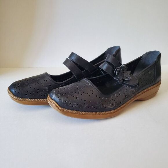 RIEKER Antistress Black Leather Mary Jane Flats Women's EU 42 US 11-12 Laser Cut - Picture 9 of 16